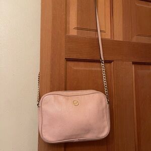 Michael Kors Pastel Pink Crossbody Bag with Chain Strap and Textured Leather